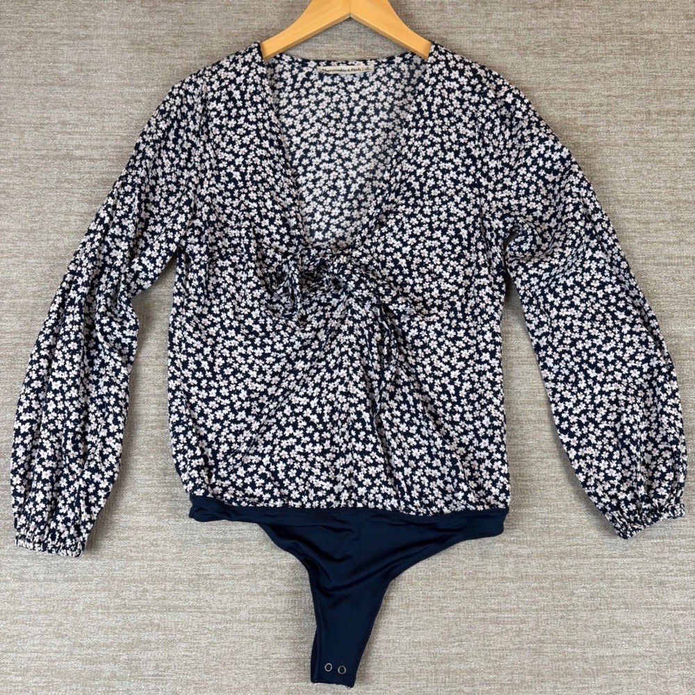 Abercrombie & Fitch Floral Tie-Front Bodysuit Women S Navy EUC Cottagecore Y2K